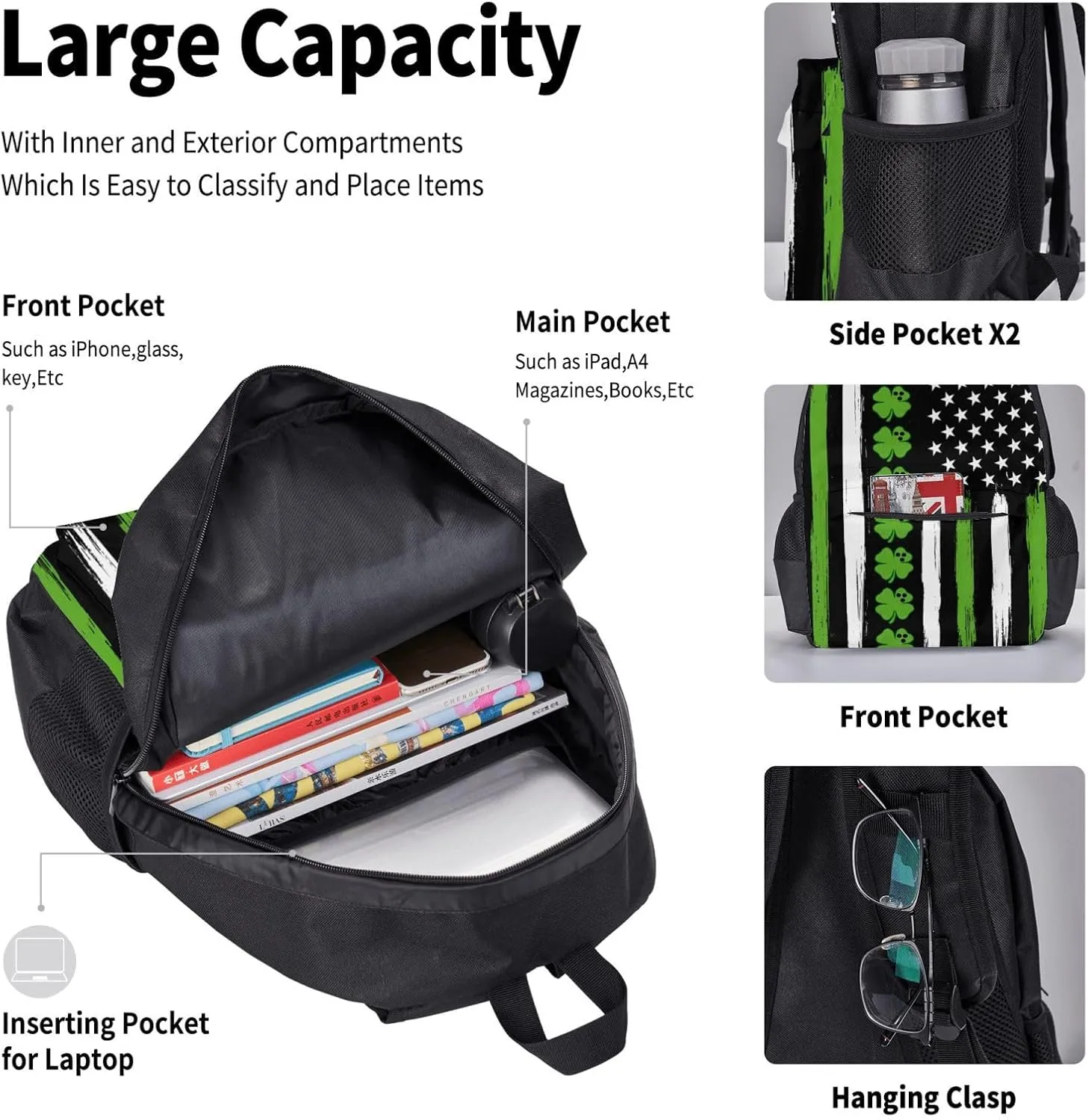 American Flag St Patrick's Day Vintage Bowling Irish Multifunctional Pocket Backpack Crossbody Lunch Bag Pencil Case 3Pcs Set Large Capacity Backpack