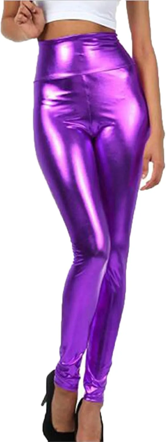 Andongnywell Womens Faux Leather Leggings Pants Uplifting Hip High Waist Tummy Slim Sexy Reflective Trousers