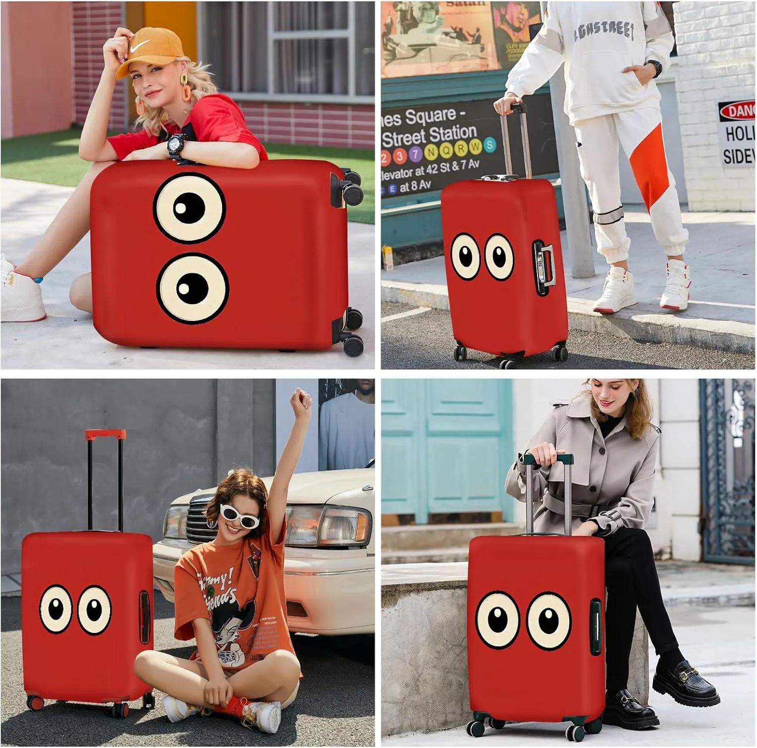 ANNA QUEEN Funny Cartoon Eyes Luggage Cover, Red Suitcase Protector with Cute Big Eyes Design, Travel Suitcase Cover for 18-32 Inch Luggage, Stretchable & Washable Spandex Travel Accessories