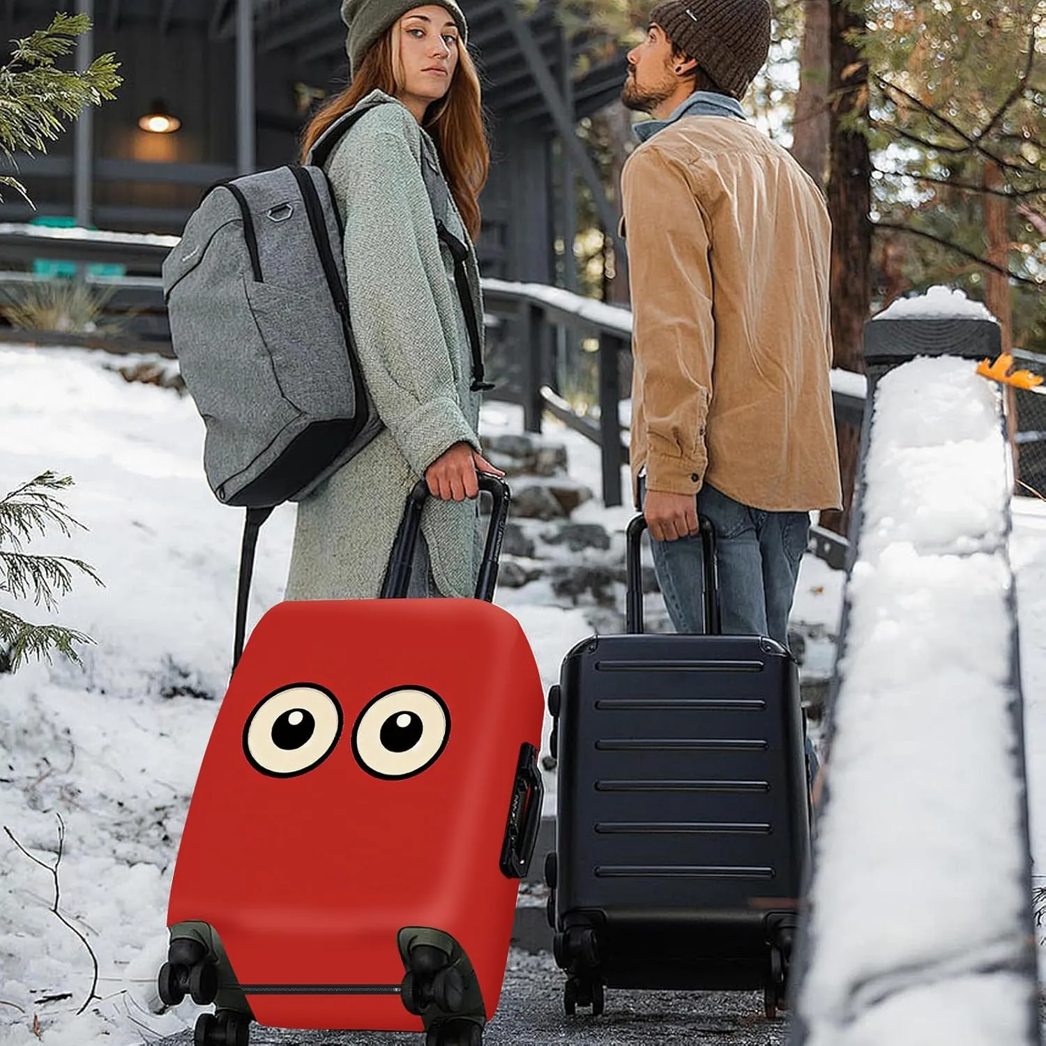 ANNA QUEEN Funny Cartoon Eyes Luggage Cover, Red Suitcase Protector with Cute Big Eyes Design, Travel Suitcase Cover for 18-32 Inch Luggage, Stretchable & Washable Spandex Travel Accessories