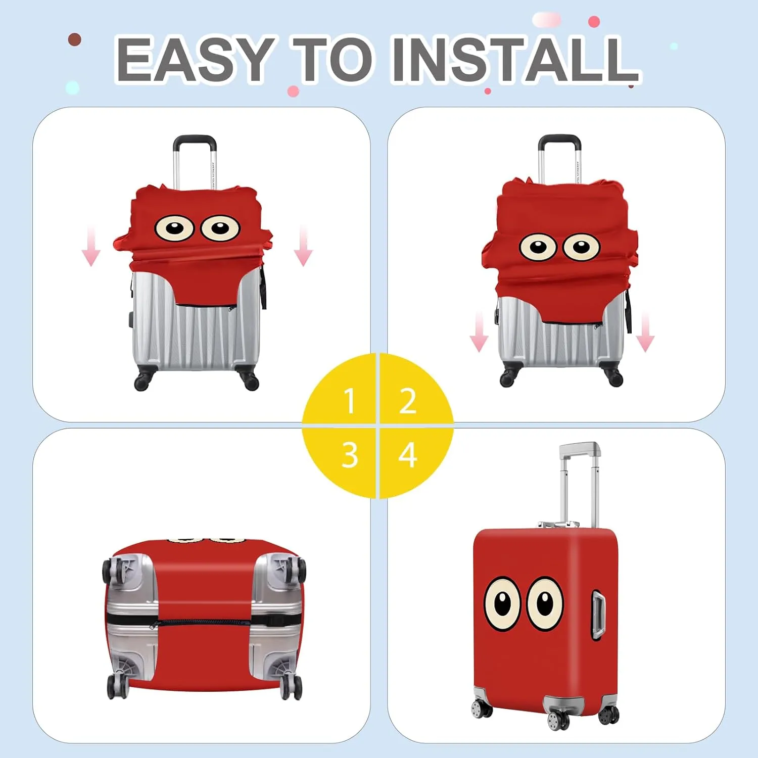 ANNA QUEEN Funny Cartoon Eyes Luggage Cover, Red Suitcase Protector with Cute Big Eyes Design, Travel Suitcase Cover for 18-32 Inch Luggage, Stretchable & Washable Spandex Travel Accessories