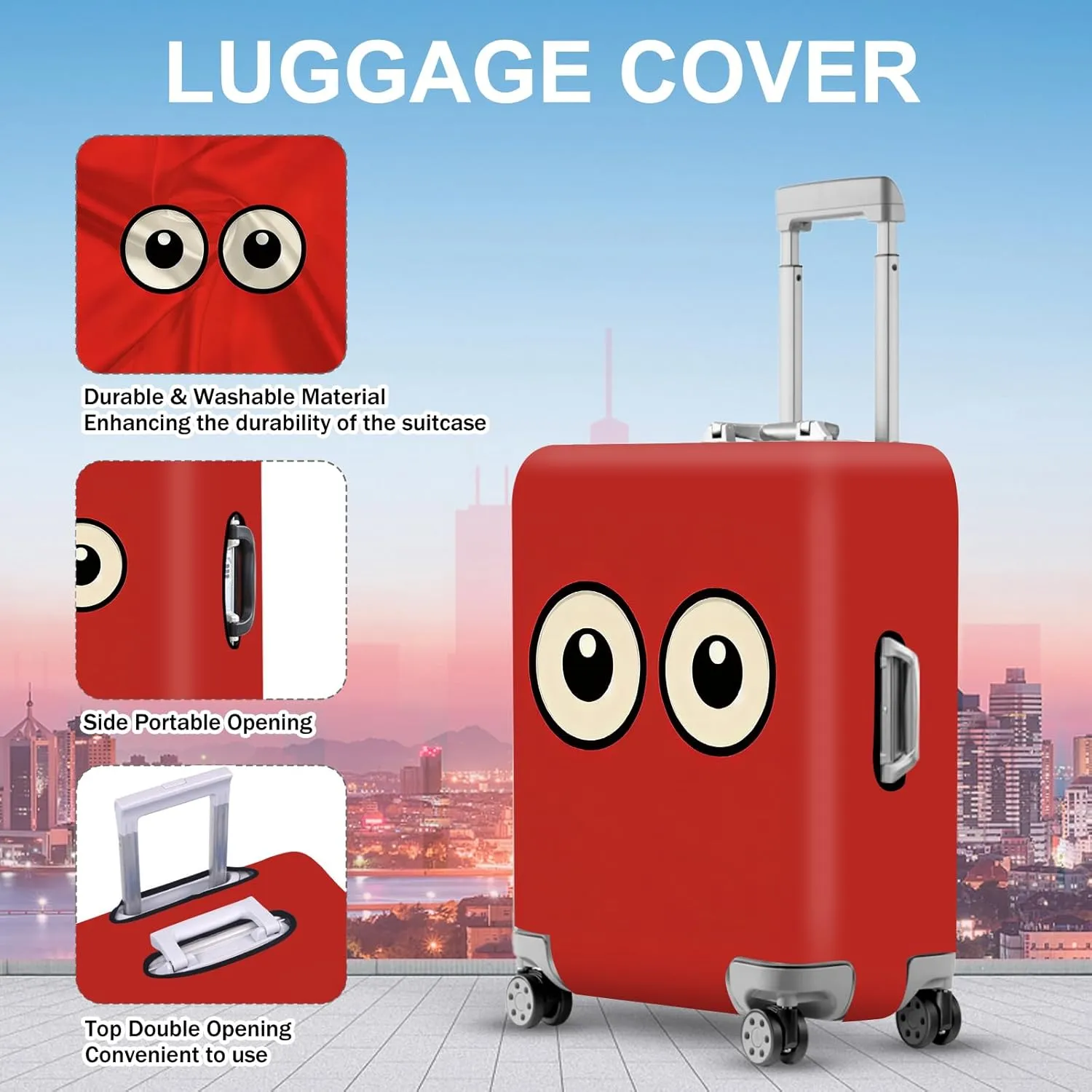 ANNA QUEEN Funny Cartoon Eyes Luggage Cover, Red Suitcase Protector with Cute Big Eyes Design, Travel Suitcase Cover for 18-32 Inch Luggage, Stretchable & Washable Spandex Travel Accessories