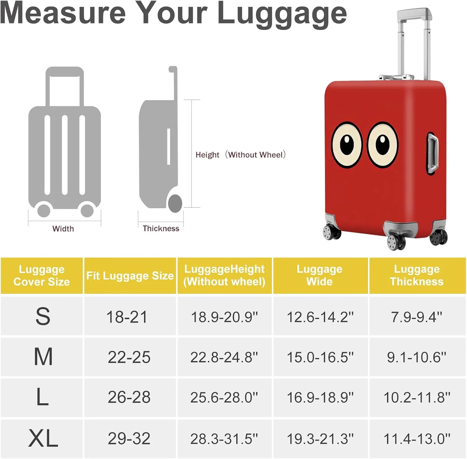 ANNA QUEEN Funny Cartoon Eyes Luggage Cover, Red Suitcase Protector with Cute Big Eyes Design, Travel Suitcase Cover for 18-32 Inch Luggage, Stretchable & Washable Spandex Travel Accessories