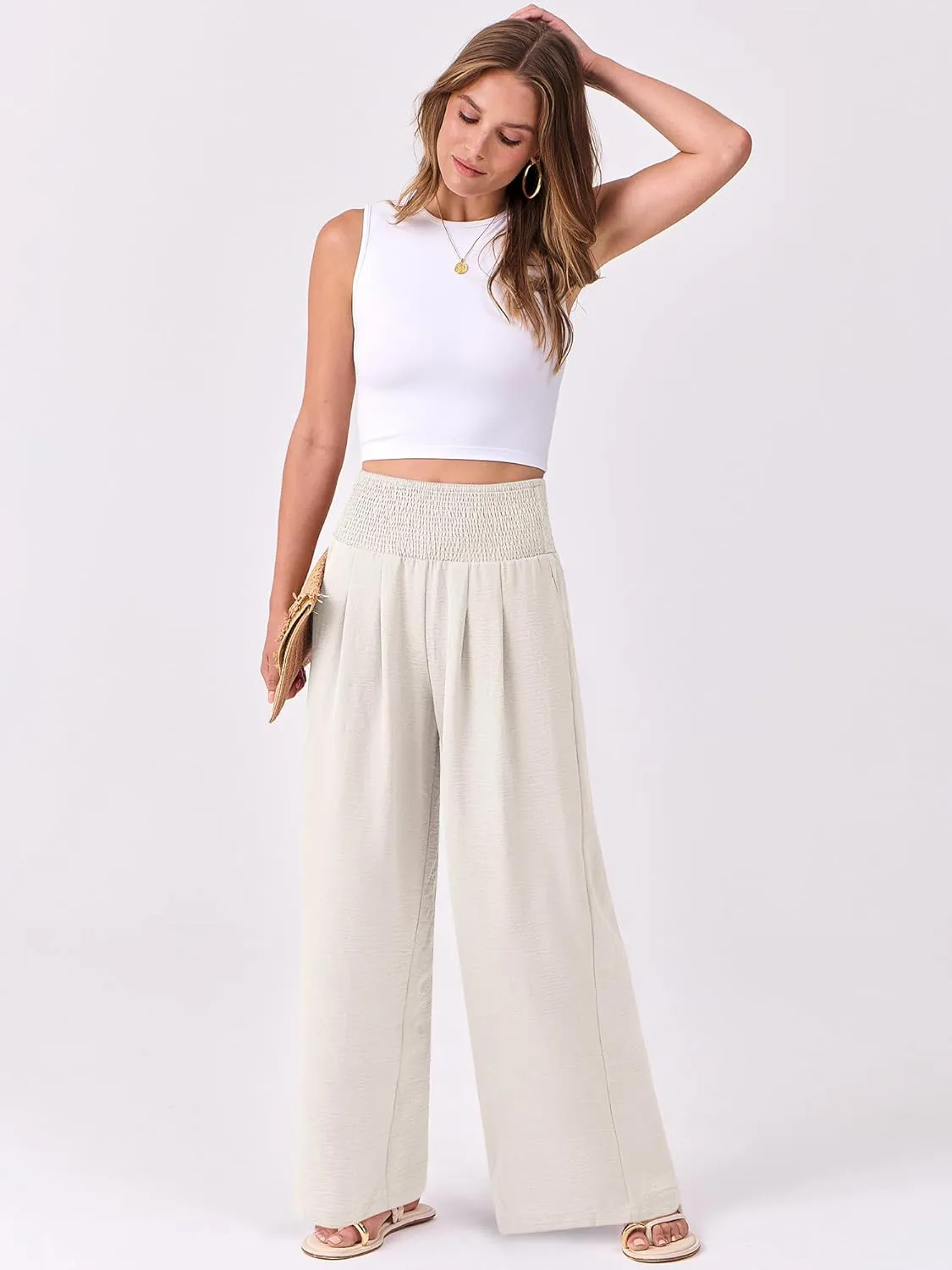 ANRABESS Women Palazzo Pants Summer Flowy Wide Leg High Waist Lounge Trousers with Pockets 2025 Casual Beach Vacation Outfits
