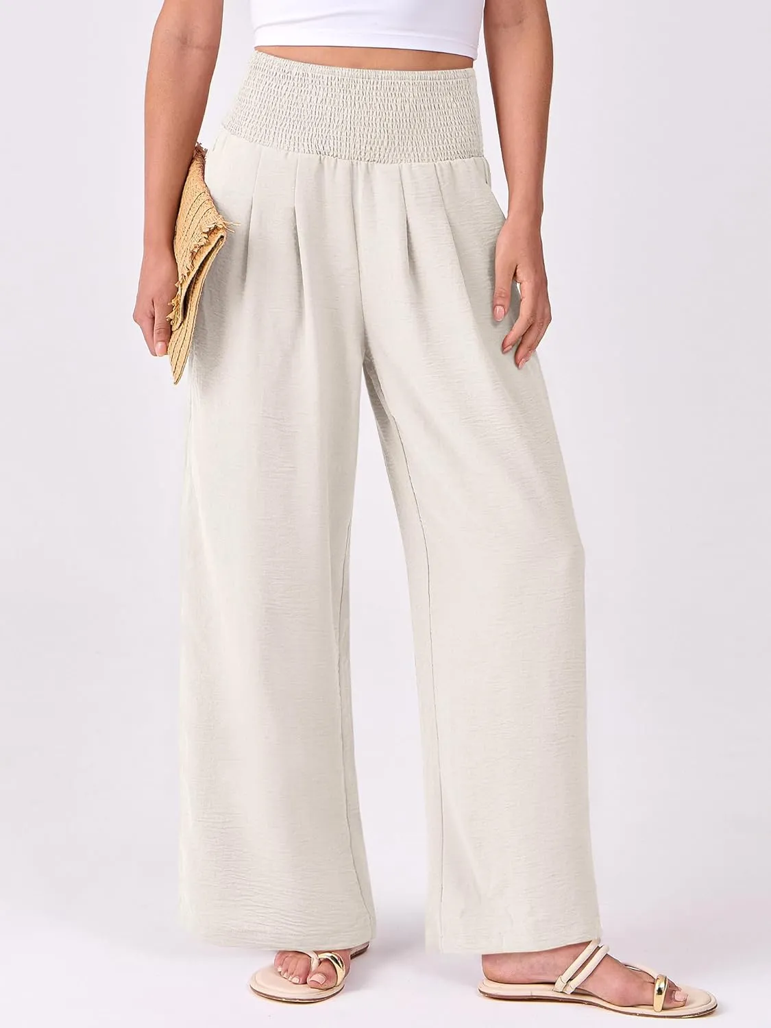 ANRABESS Women Palazzo Pants Summer Flowy Wide Leg High Waist Lounge Trousers with Pockets 2025 Casual Beach Vacation Outfits