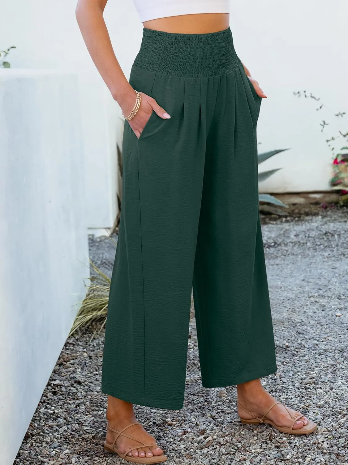 ANRABESS Womens Cropped Pants Wide Leg High Waisted Palazzo Pants Summer Flowy Beach Lounge Casual Trousers with Pockets