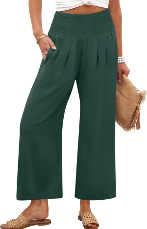 ANRABESS Womens Cropped Pants Wide Leg High Waisted Palazzo Pants Summer Flowy Beach Lounge Casual Trousers with Pockets