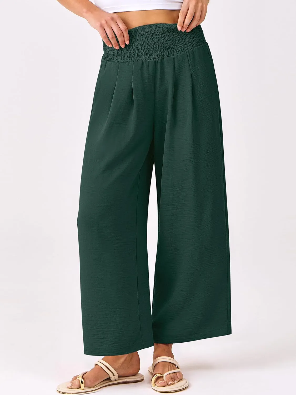 ANRABESS Womens Cropped Pants Wide Leg High Waisted Palazzo Pants Summer Flowy Beach Lounge Casual Trousers with Pockets