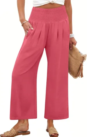 ANRABESS Womens Pants Wide Leg High Waisted Palazzo Pants Summer Flowy Beach Lounge Casual Trousers with Pockets
