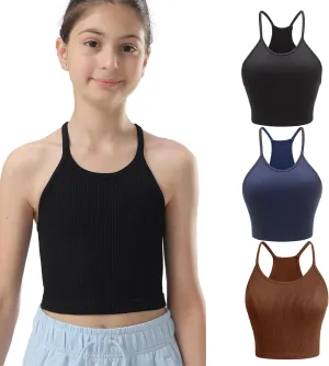 Attifall Girls Ribbed Crop Tank Top Pack Seamless Racerback Cami Tanks for Teen Girl Dance Athletic Cropped Tops