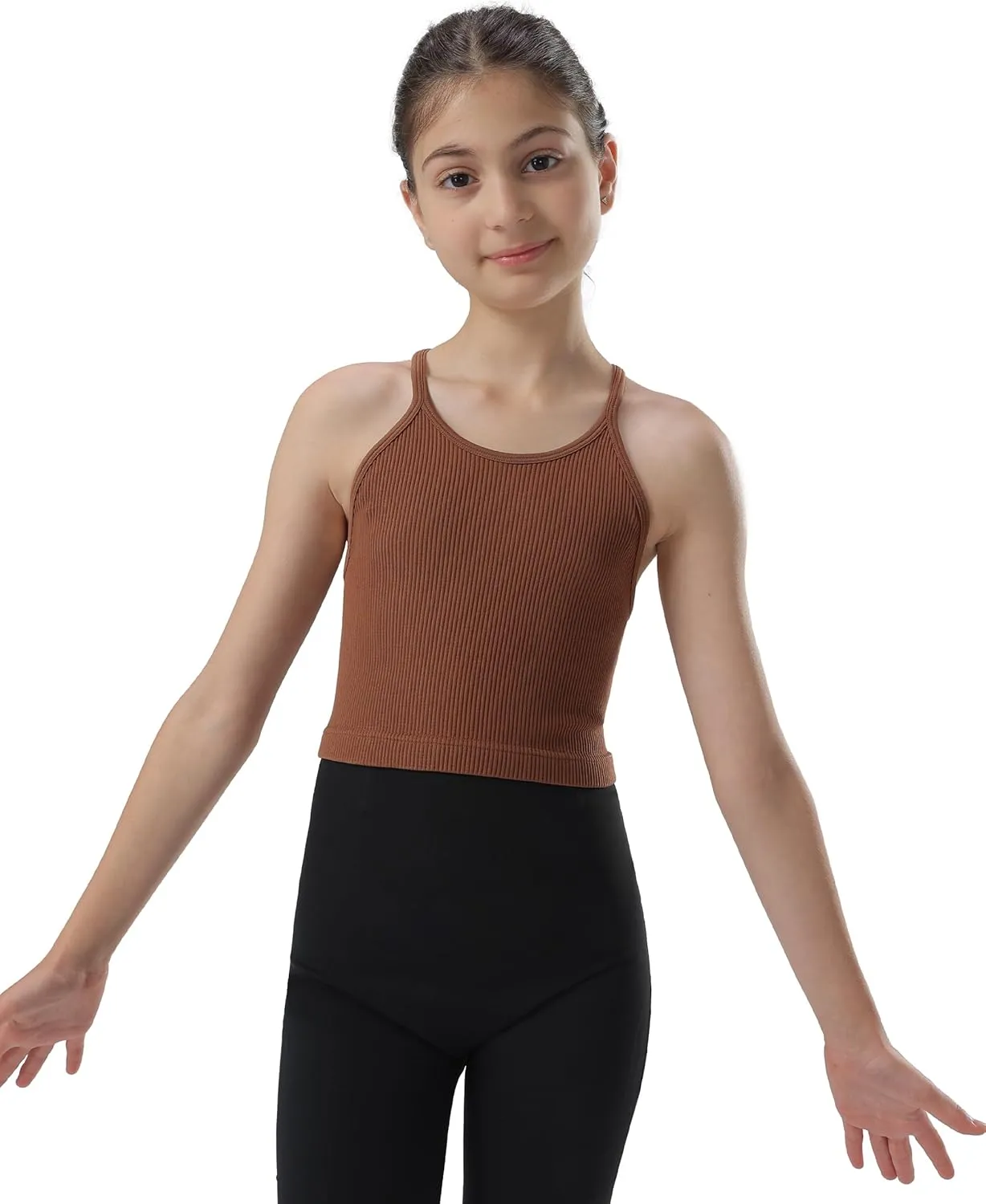 Attifall Girls Ribbed Crop Tank Top Pack Seamless Racerback Cami Tanks for Teen Girl Dance Athletic Cropped Tops