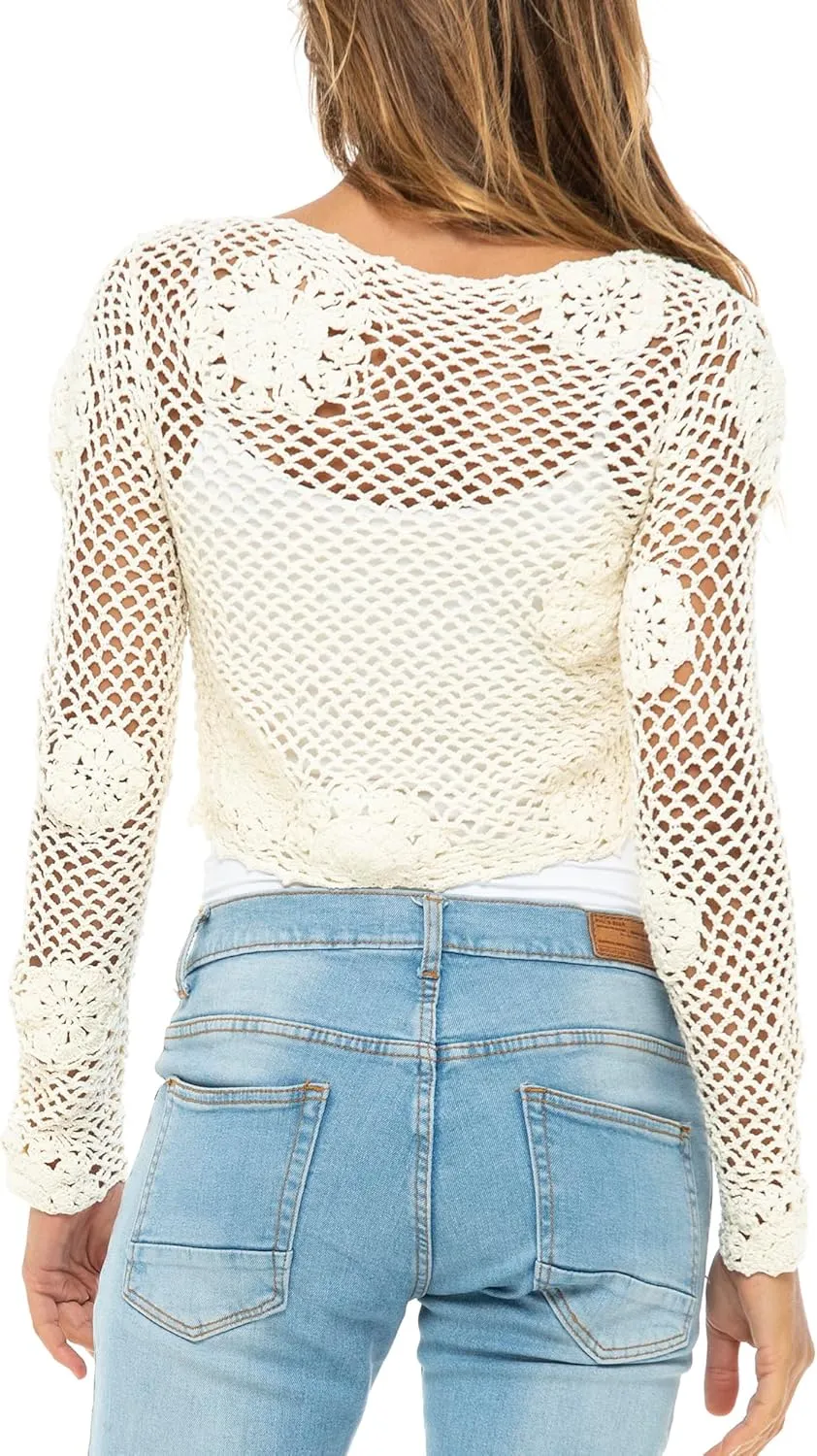 Back From Bali Womens 100% Cotton Crochet Tie-Front Artisan Shrug Sweater Cropped Lightweight Flower Knit Bolero