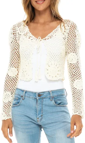 Back From Bali Womens 100% Cotton Crochet Tie-Front Artisan Shrug Sweater Cropped Lightweight Flower Knit Bolero