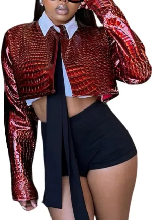 BAIMORE Women's Y2k Motorcycle Open Front Long Sleeve Faux Crocodile Leather Slim Crop Jacket
