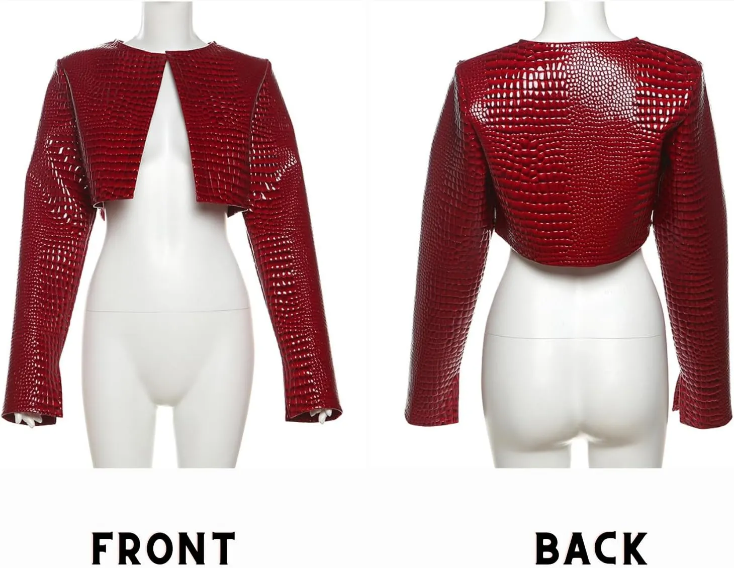BAIMORE Women's Y2k Motorcycle Open Front Long Sleeve Faux Crocodile Leather Slim Crop Jacket