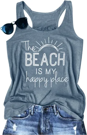 BANGELY The Beach is My Happy Place Tank Tops Women Summer Beach Tank Casual Sleeveless Vacation Shirt Camis