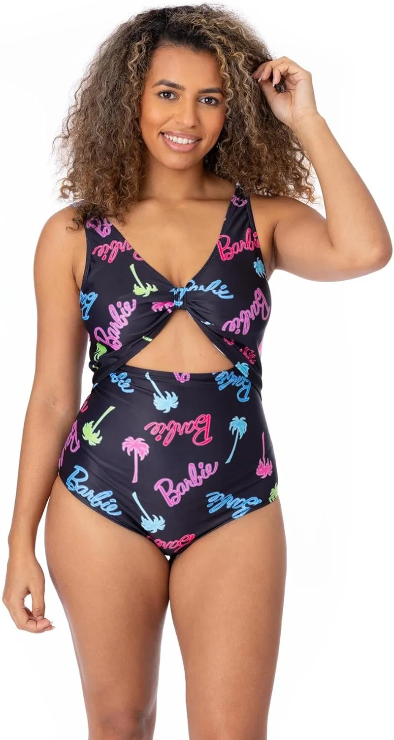 Barbie Womens Swimsuit | Ladies Black All in One Swimming Costume | Front Knot with Two Straps Cossie Palm Tree Swimwear