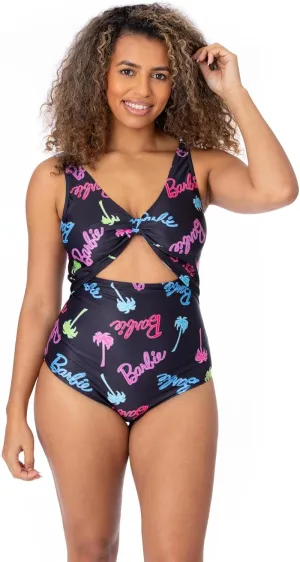 Barbie Womens Swimsuit | Ladies Black All in One Swimming Costume | Front Knot with Two Straps Cossie Palm Tree Swimwear