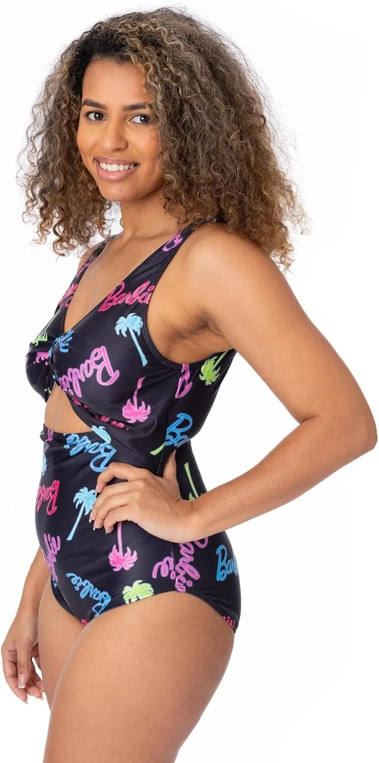 Barbie Womens Swimsuit | Ladies Black All in One Swimming Costume | Front Knot with Two Straps Cossie Palm Tree Swimwear