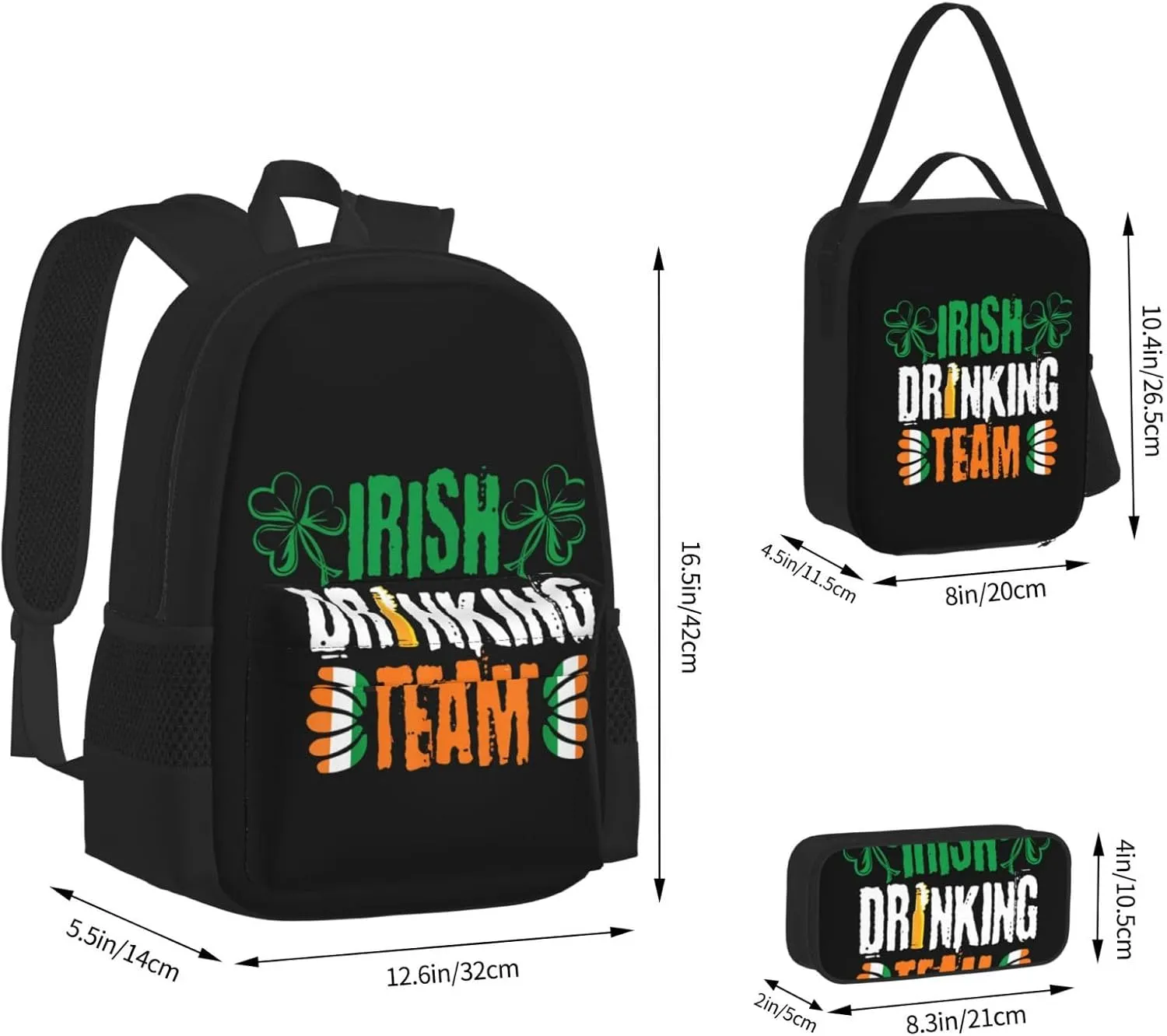 Beer Irish Drinkings Team Clover Drunk Saint Patrick's Day Multifunctional Pocket Backpack Crossbody Lunch Bag Pencil Case 3Pcs Set Large Capacity Backpack