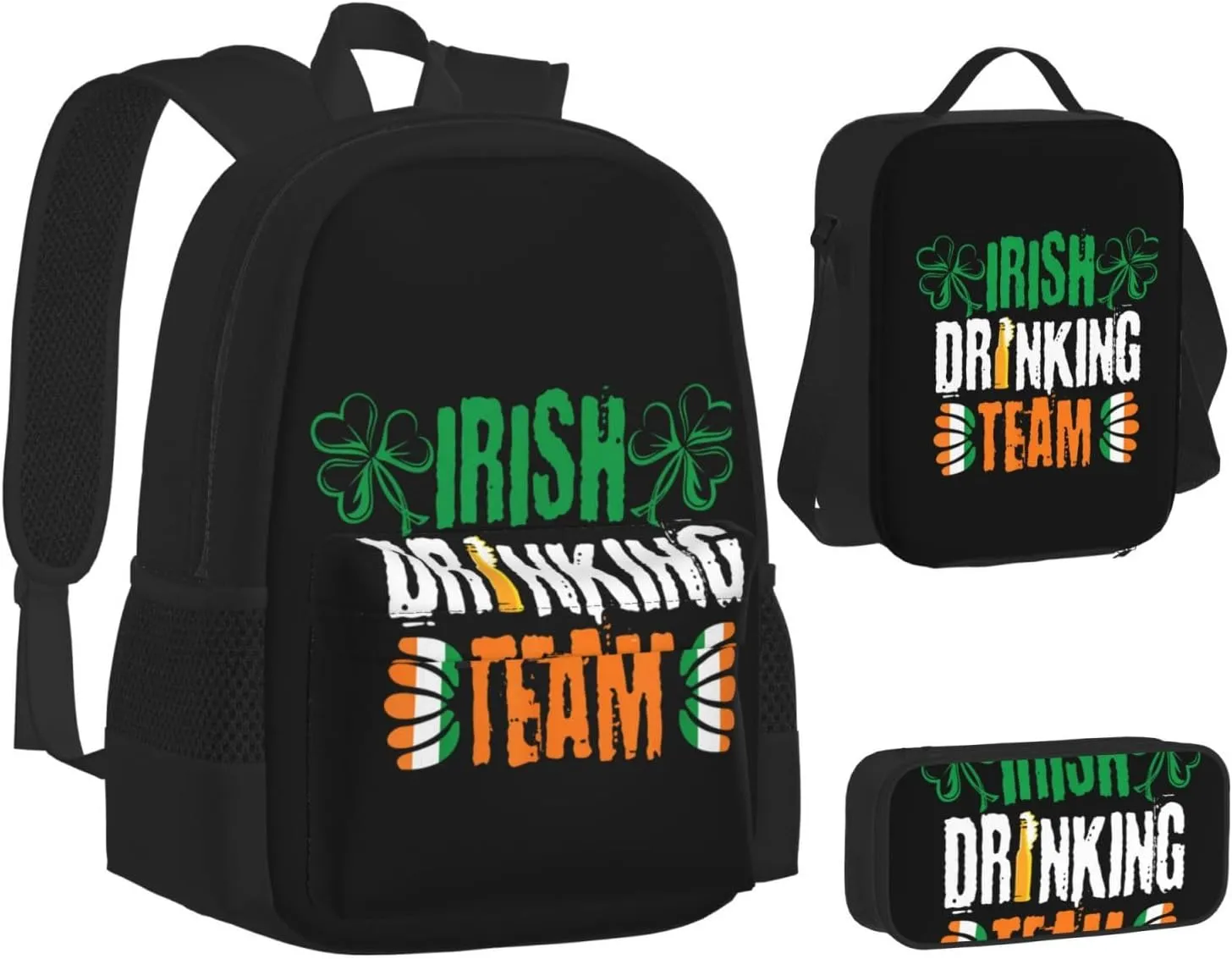 Beer Irish Drinkings Team Clover Drunk Saint Patrick's Day Multifunctional Pocket Backpack Crossbody Lunch Bag Pencil Case 3Pcs Set Large Capacity Backpack