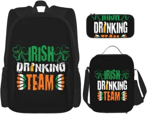 Beer Irish Drinkings Team Clover Drunk Saint Patrick's Day Multifunctional Pocket Backpack Crossbody Lunch Bag Pencil Case 3Pcs Set Large Capacity Backpack