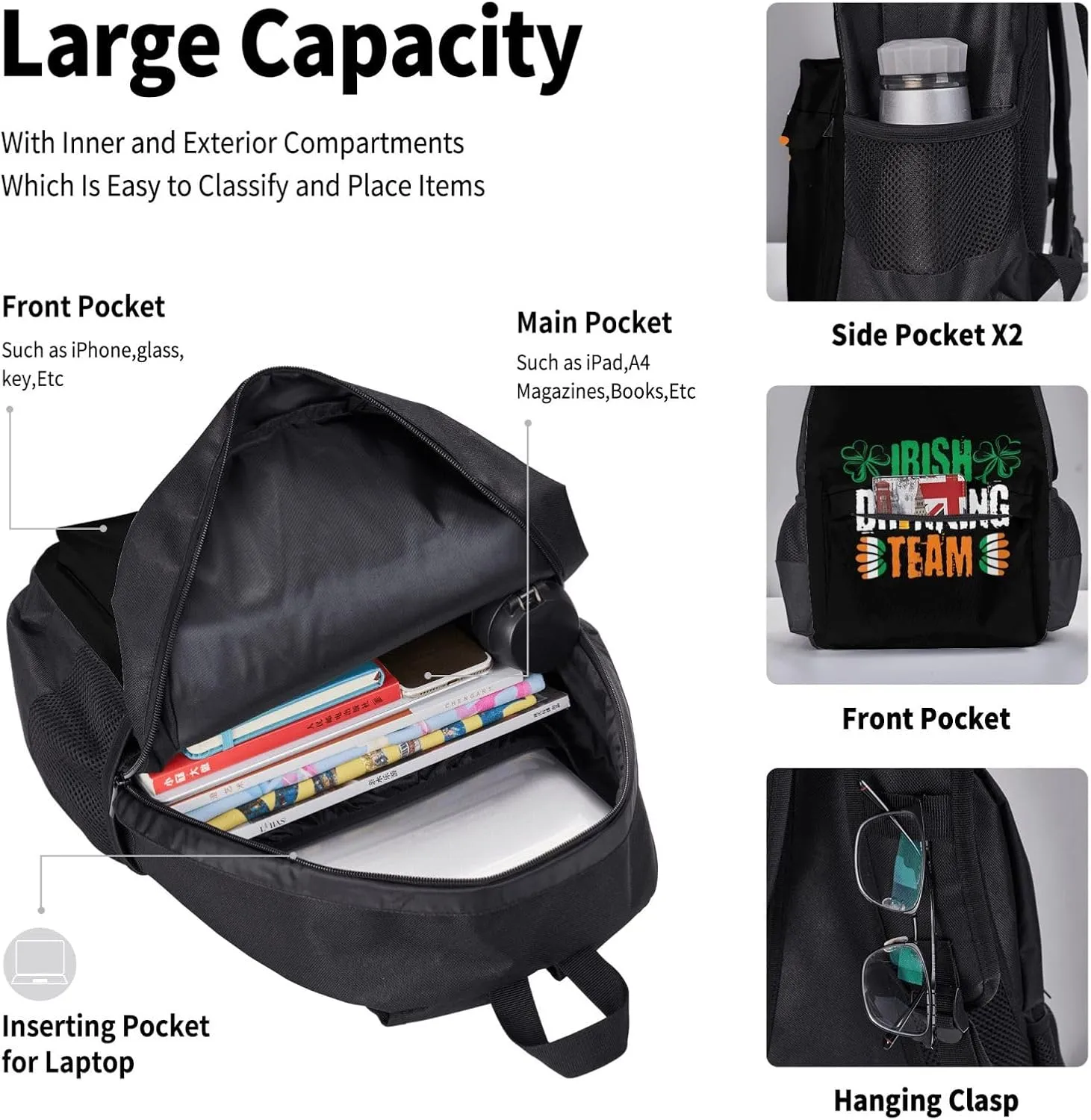 Beer Irish Drinkings Team Clover Drunk Saint Patrick's Day Multifunctional Pocket Backpack Crossbody Lunch Bag Pencil Case 3Pcs Set Large Capacity Backpack