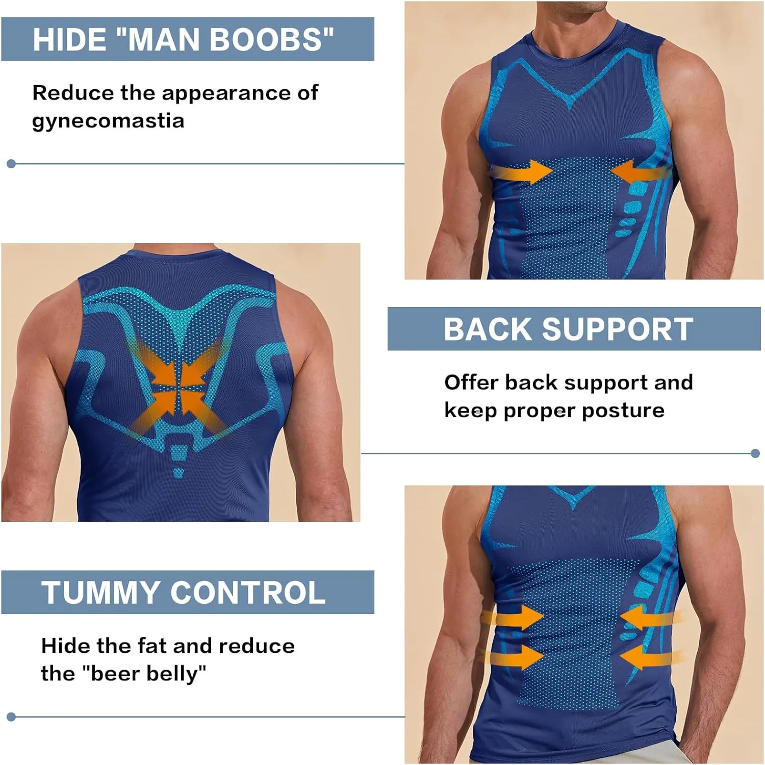 Beotyshow Ionic Shaping Sleeveless Shirt Gynecomastia Compression Tank Top Body Shaper Slimming Vest Shapewear Undershirt