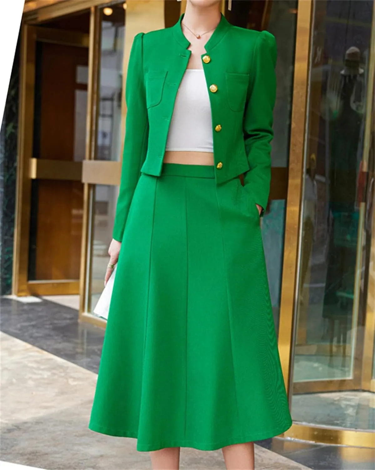 Betusline Women's Two Piece Outfits Business Short Blazer Jacket and High Waist Midi Skirt Suit Set