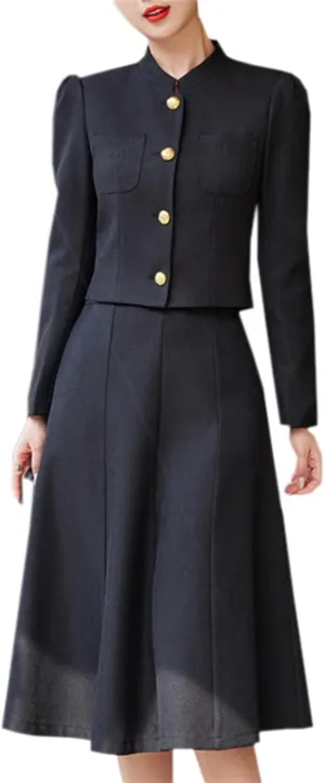 Betusline Women's Two Piece Outfits Business Short Blazer Jacket and High Waist Midi Skirt Suit Set
