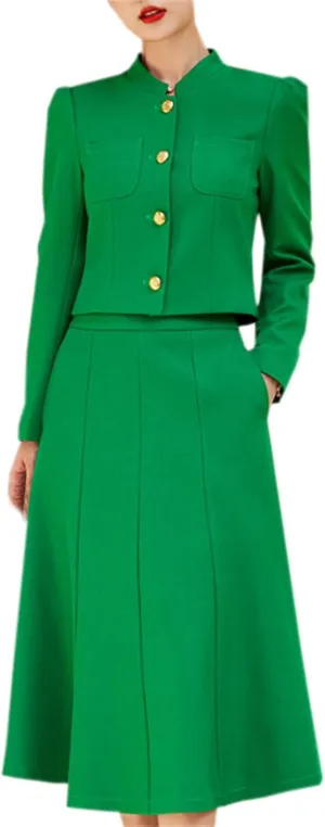 Betusline Women's Two Piece Outfits Business Short Blazer Jacket and High Waist Midi Skirt Suit Set