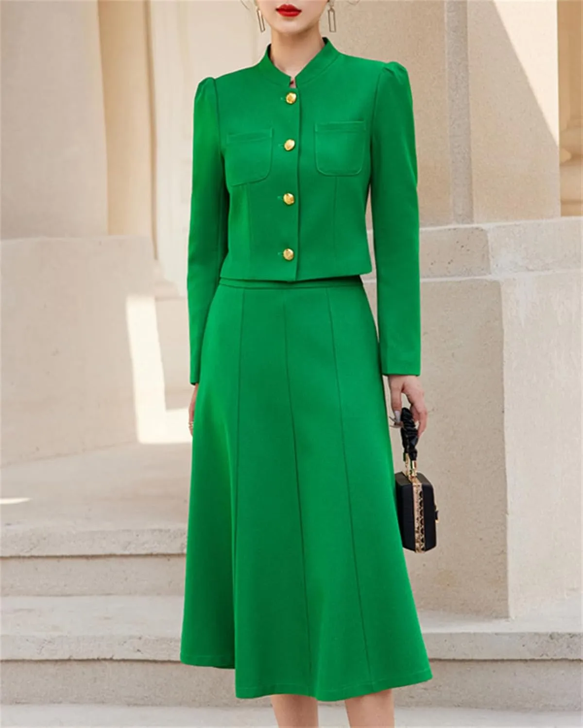 Betusline Women's Two Piece Outfits Business Short Blazer Jacket and High Waist Midi Skirt Suit Set