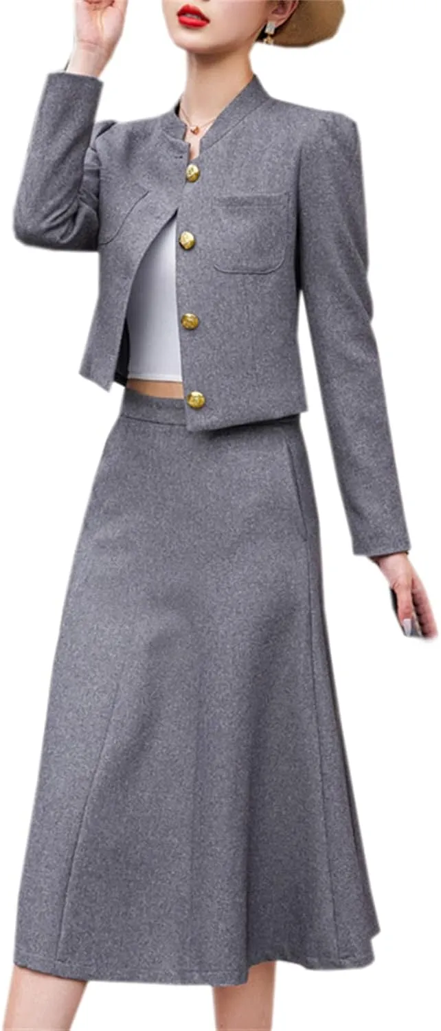 Betusline Women's Two Piece Outfits Business Short Blazer Jacket and High Waist Midi Skirt Suit Set