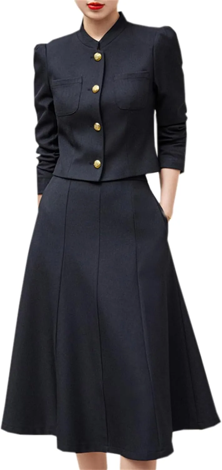 Betusline Women's Two Piece Outfits Business Short Blazer Jacket and High Waist Midi Skirt Suit Set