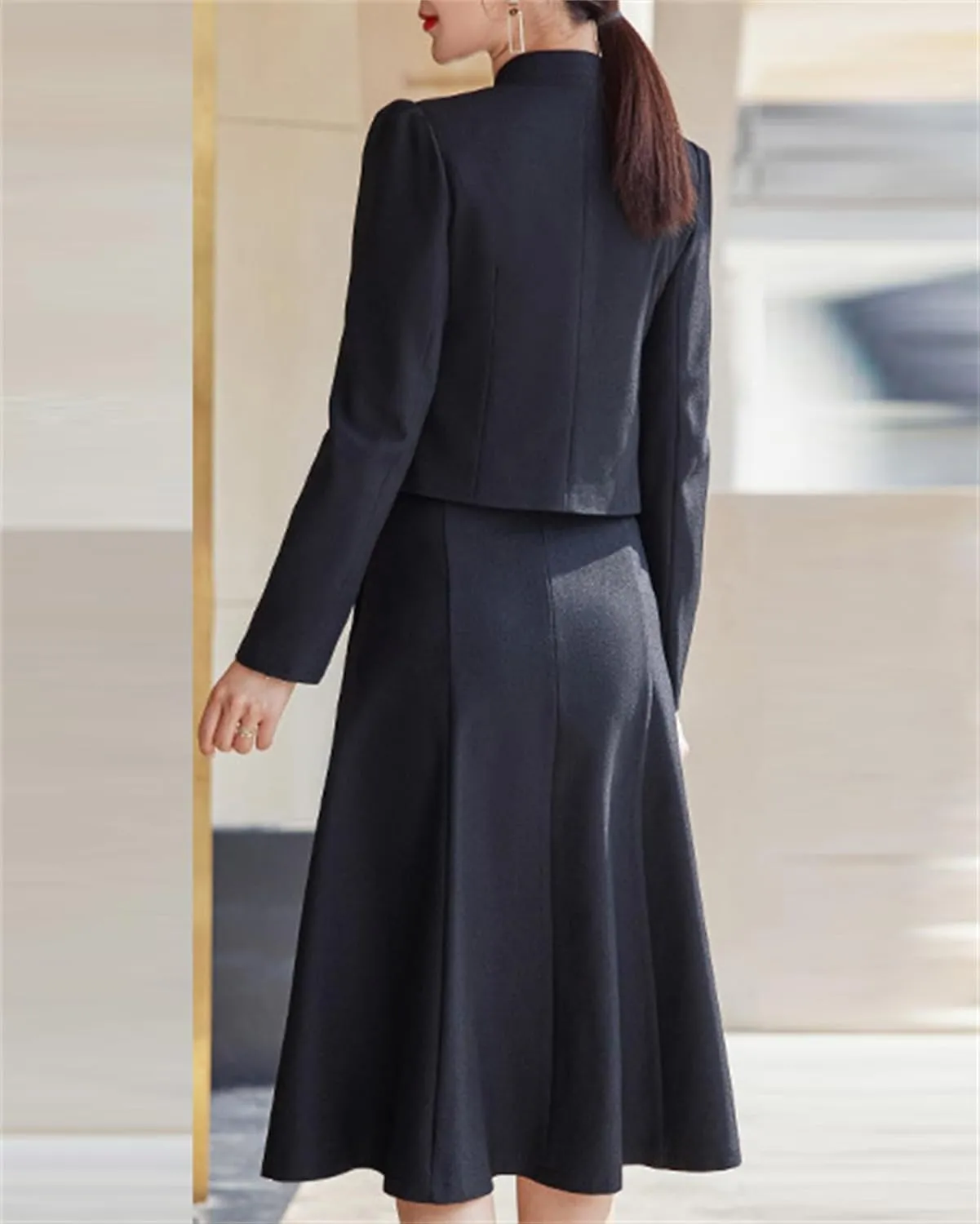 Betusline Women's Two Piece Outfits Business Short Blazer Jacket and High Waist Midi Skirt Suit Set