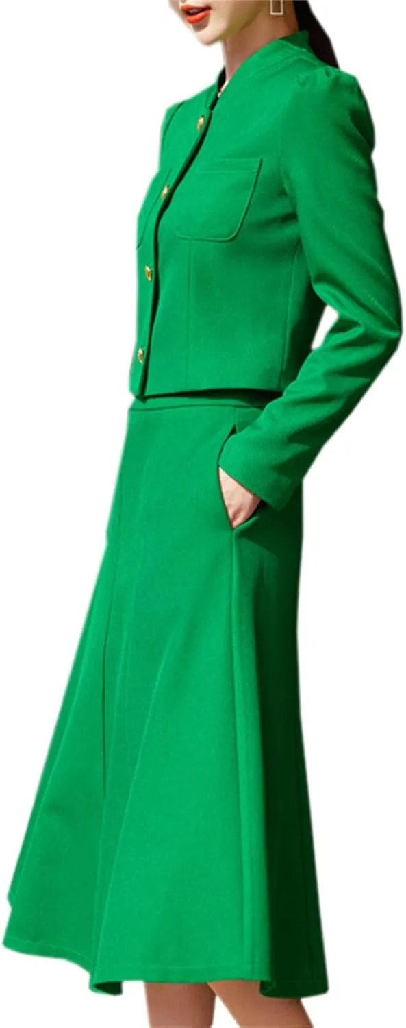 Betusline Women's Two Piece Outfits Business Short Blazer Jacket and High Waist Midi Skirt Suit Set