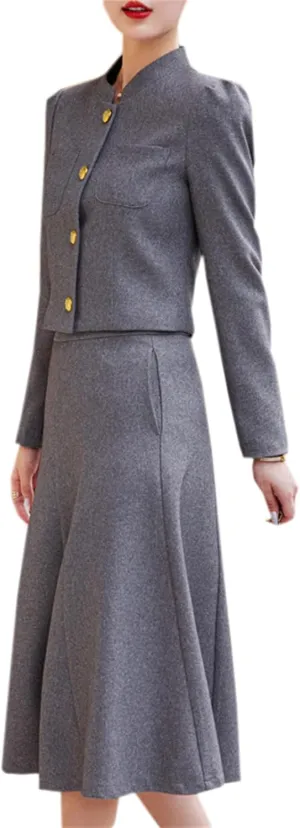 Betusline Women's Two Piece Outfits Business Short Blazer Jacket and High Waist Midi Skirt Suit Set