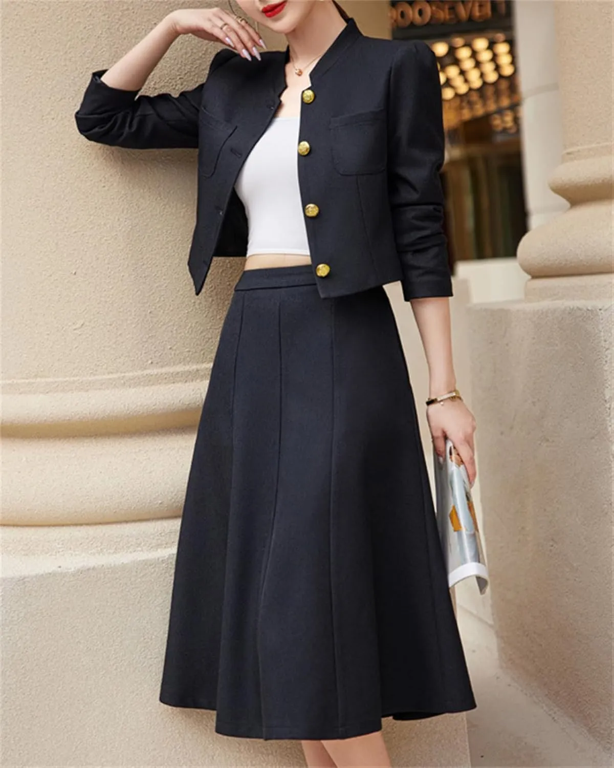 Betusline Women's Two Piece Outfits Business Short Blazer Jacket and High Waist Midi Skirt Suit Set