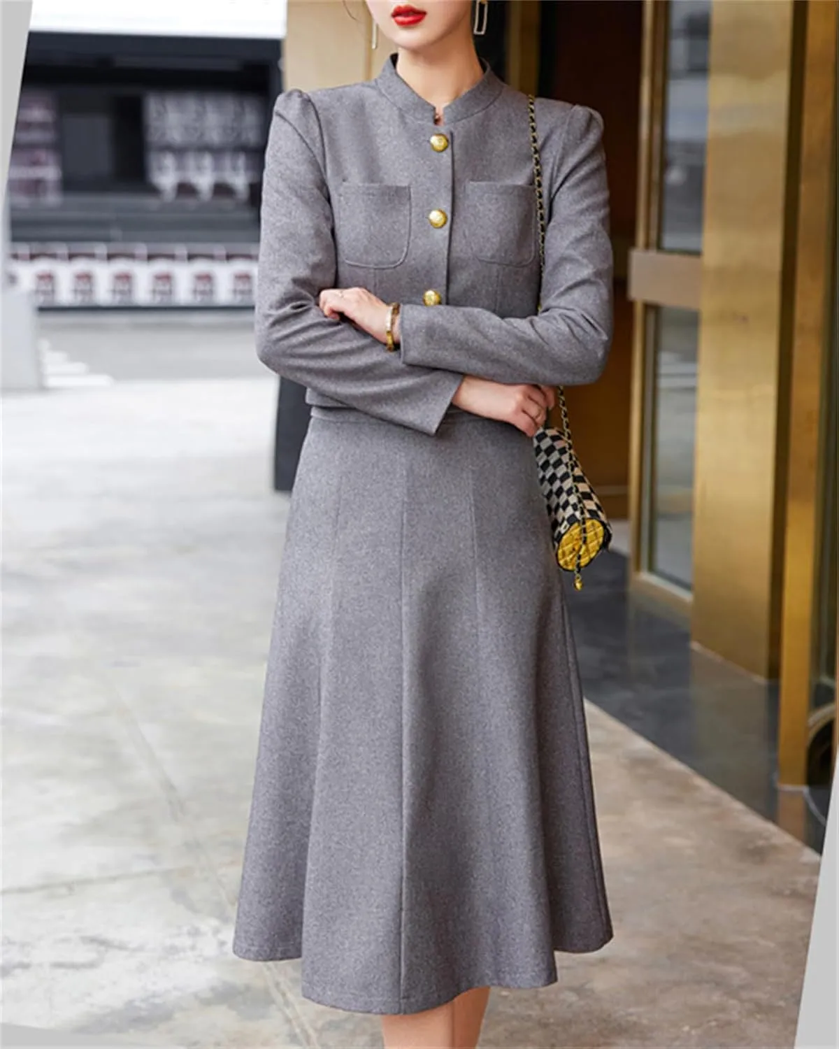 Betusline Women's Two Piece Outfits Business Short Blazer Jacket and High Waist Midi Skirt Suit Set