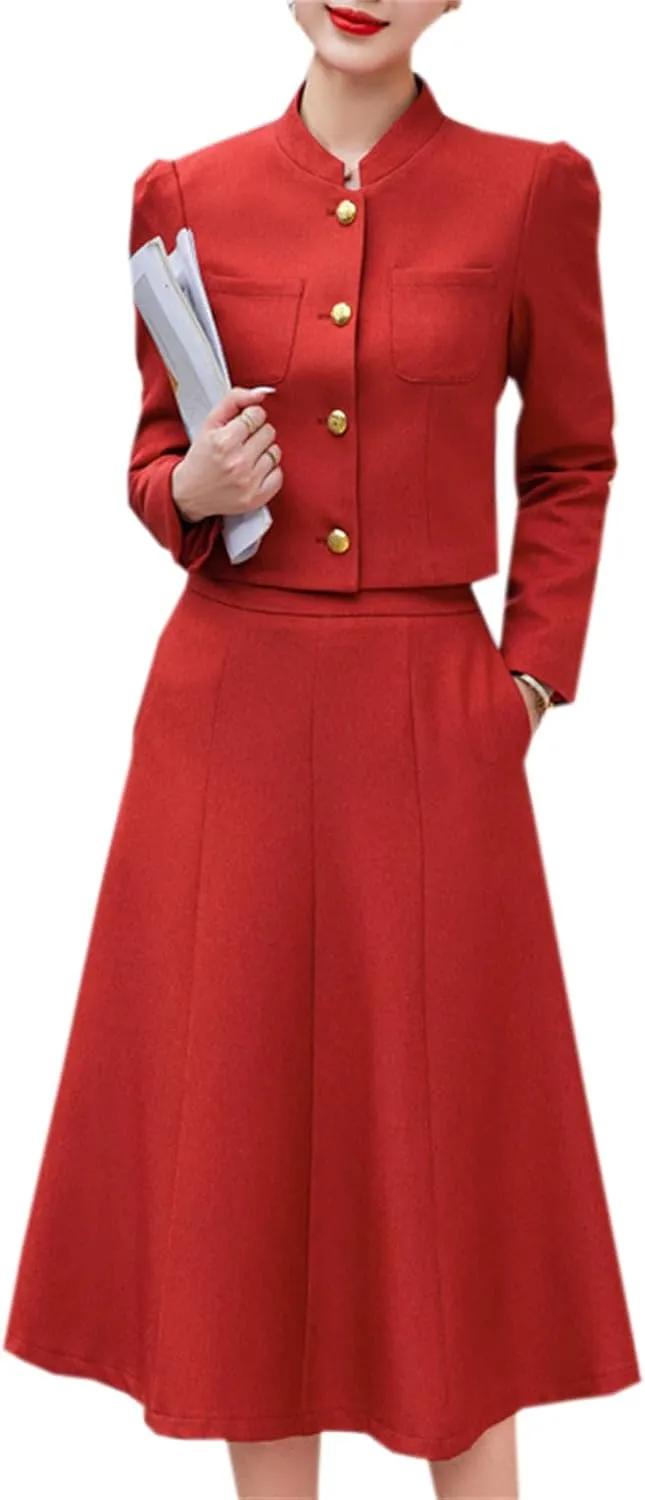 Betusline Women's Two Piece Outfits Business Short Blazer Jacket and High Waist Midi Skirt Suit Set