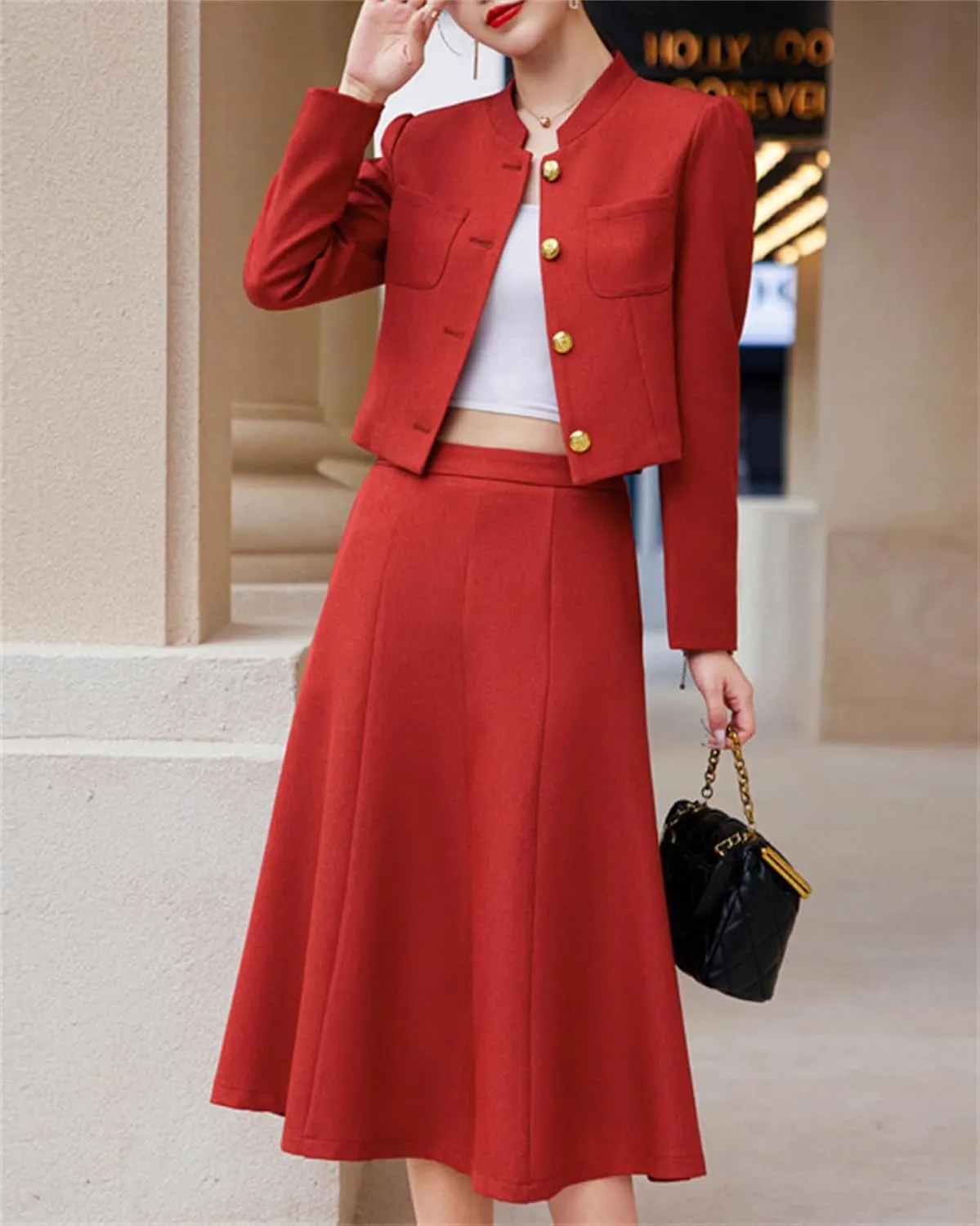 Betusline Women's Two Piece Outfits Business Short Blazer Jacket and High Waist Midi Skirt Suit Set