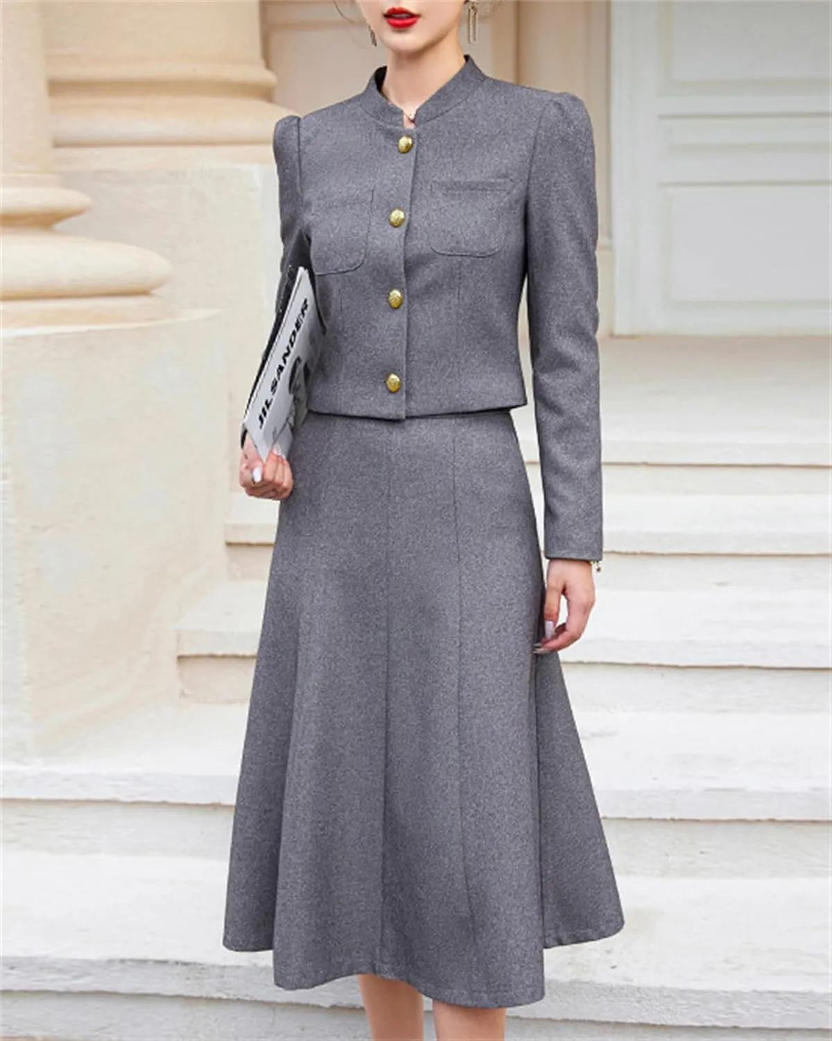 Betusline Women's Two Piece Outfits Business Short Blazer Jacket and High Waist Midi Skirt Suit Set