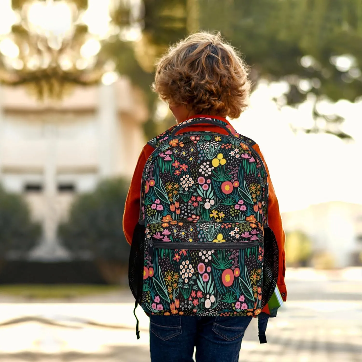 Black Flowers Backpack for Girls - Colorful Floral School Backpacks Wildflowers Plants Bookbag Spring Botanical Foliage Rucksack Seasonal Herb Leaves Daypack Travel Bag