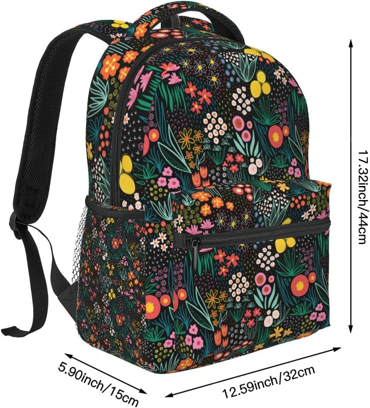 Black Flowers Backpack for Girls - Colorful Floral School Backpacks Wildflowers Plants Bookbag Spring Botanical Foliage Rucksack Seasonal Herb Leaves Daypack Travel Bag