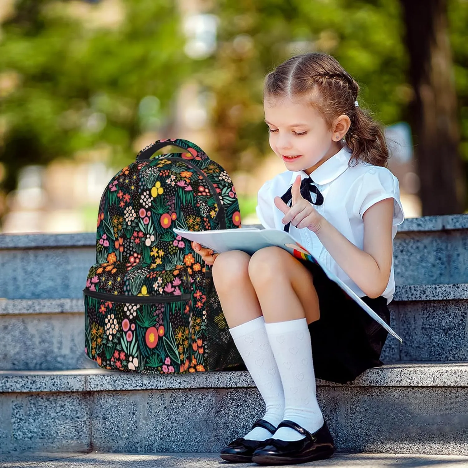 Black Flowers Backpack for Girls - Colorful Floral School Backpacks Wildflowers Plants Bookbag Spring Botanical Foliage Rucksack Seasonal Herb Leaves Daypack Travel Bag