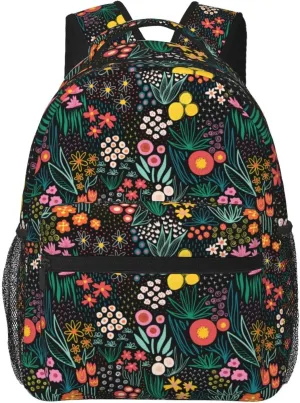 Black Flowers Backpack for Girls - Colorful Floral School Backpacks Wildflowers Plants Bookbag Spring Botanical Foliage Rucksack Seasonal Herb Leaves Daypack Travel Bag