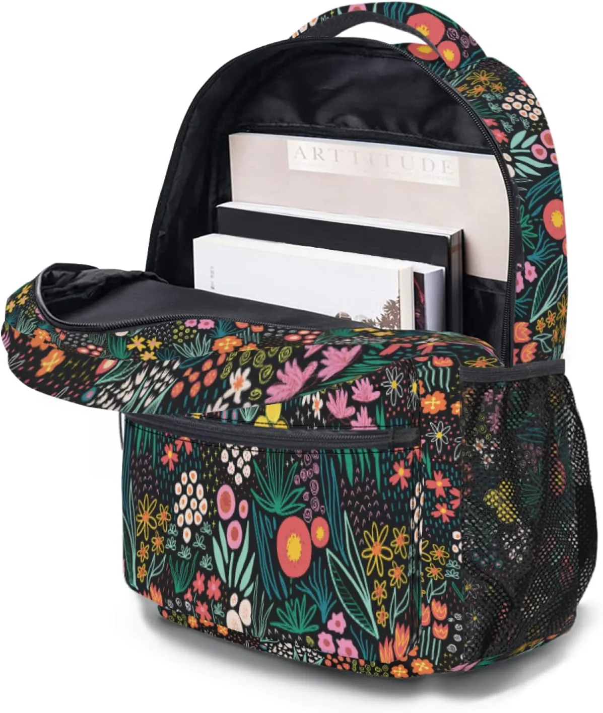 Black Flowers Backpack for Girls - Colorful Floral School Backpacks Wildflowers Plants Bookbag Spring Botanical Foliage Rucksack Seasonal Herb Leaves Daypack Travel Bag