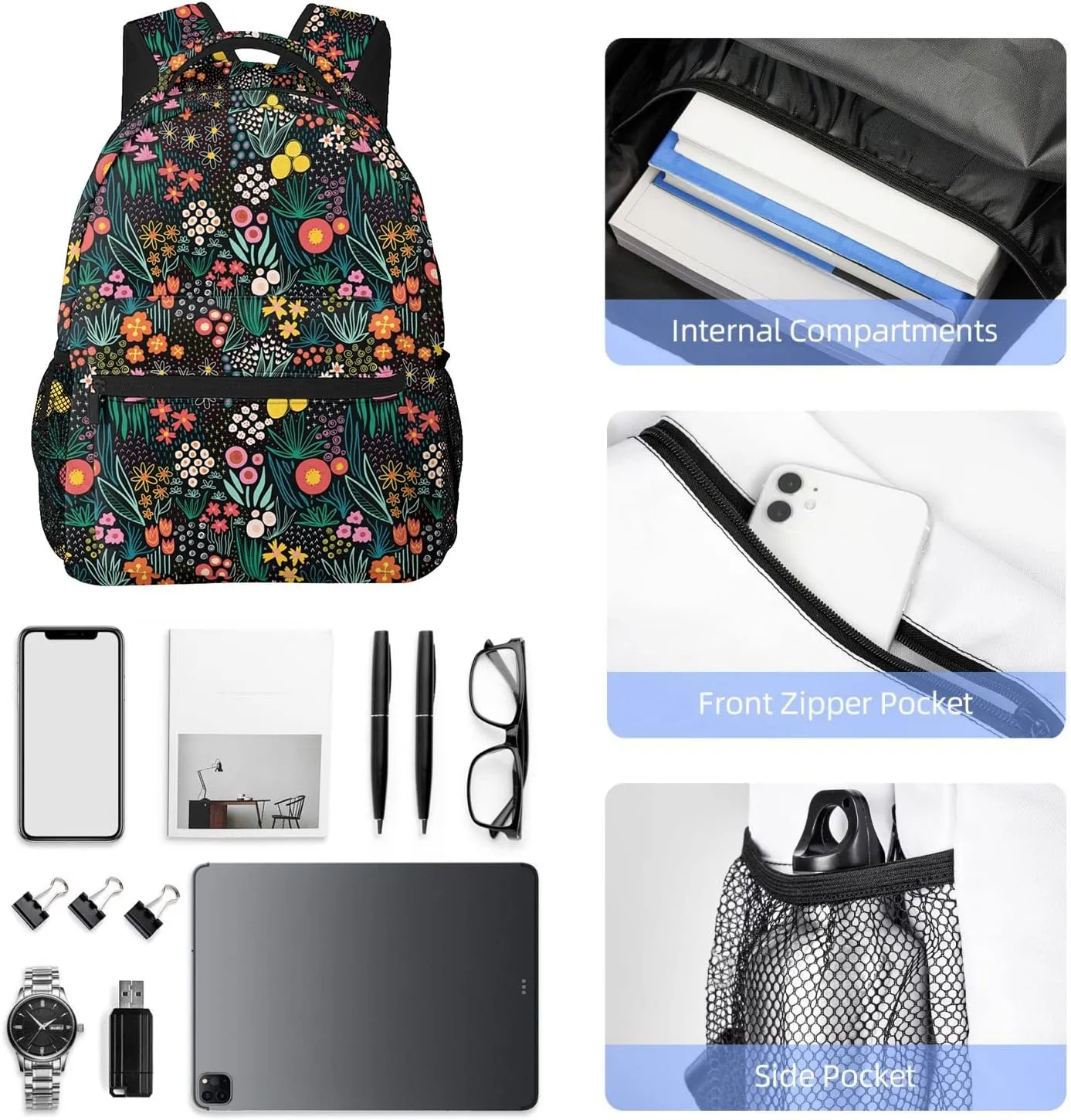 Black Flowers Backpack for Girls - Colorful Floral School Backpacks Wildflowers Plants Bookbag Spring Botanical Foliage Rucksack Seasonal Herb Leaves Daypack Travel Bag