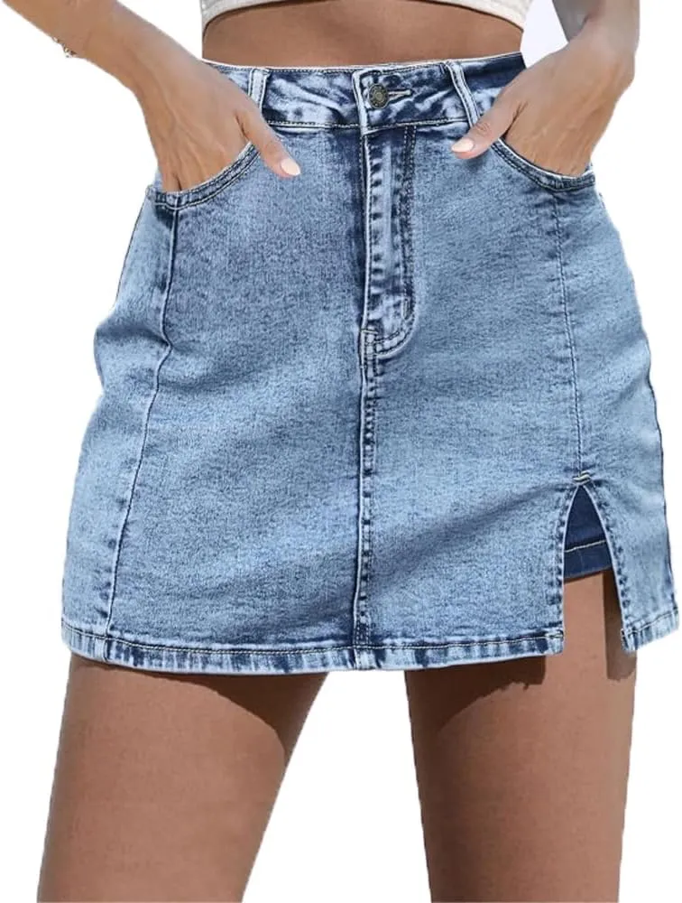 Bloomy Skorts, Bloomy Jean Side Split Mini Skorts, Trendy Woman High Waisted Casual Stretchy Denim Skirt