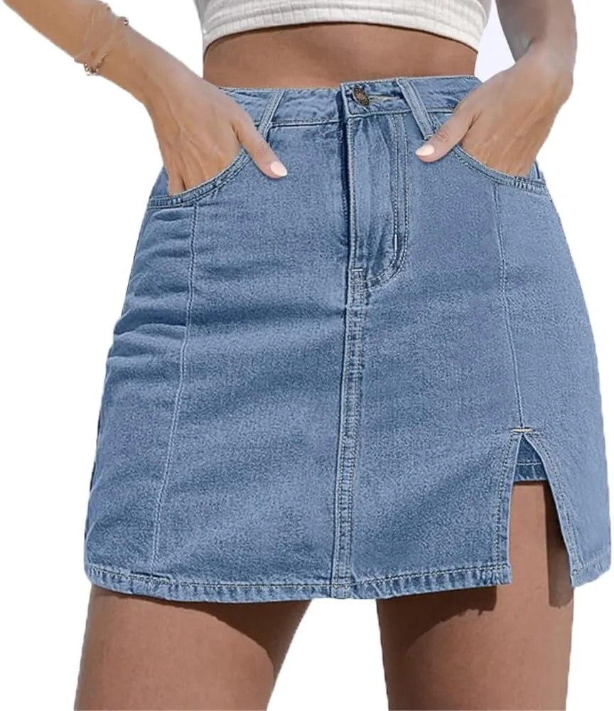 Bloomy Skorts, Bloomy Jean Side Split Mini Skorts, Trendy Woman High Waisted Casual Stretchy Denim Skirt
